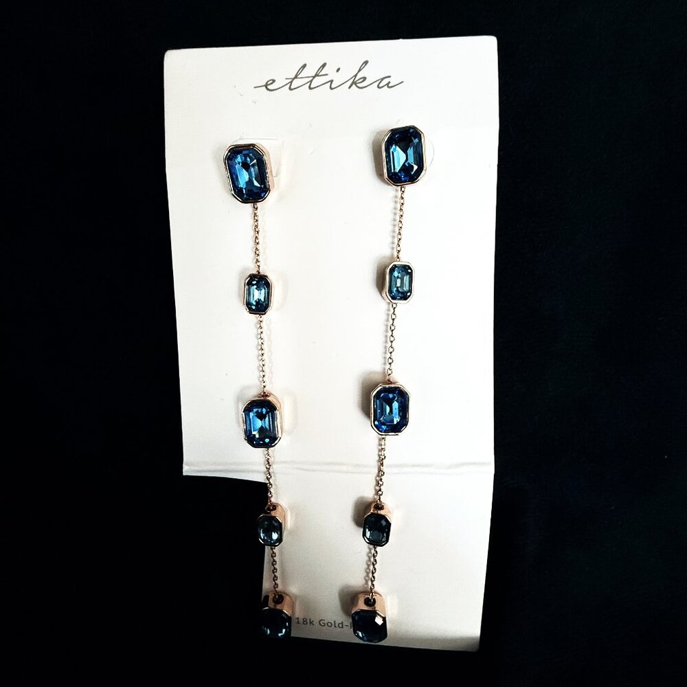 Ettika Earrings Sapphire Blue Crystal Dangle 18K Gold Plated 4.25" - Picture 3 of 6